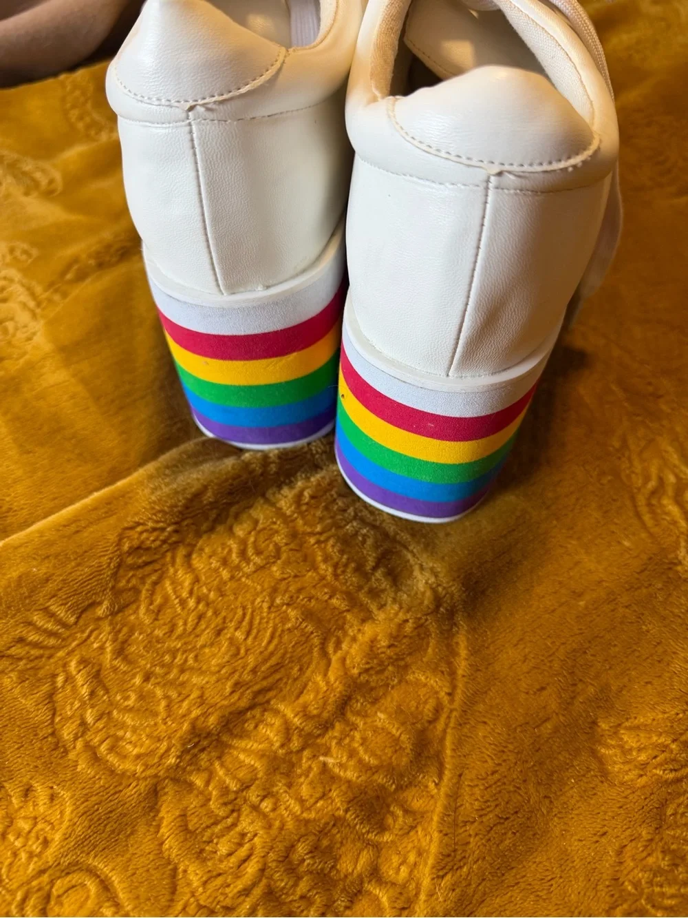 White Platform Sneakers with Rainbow Stripe
